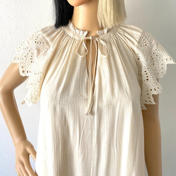 Boho Chic Shift Dress | Eyelet Lace Flutter Sleeve Dress | Cream Ivory Dress XS - Picture 6 of 10
